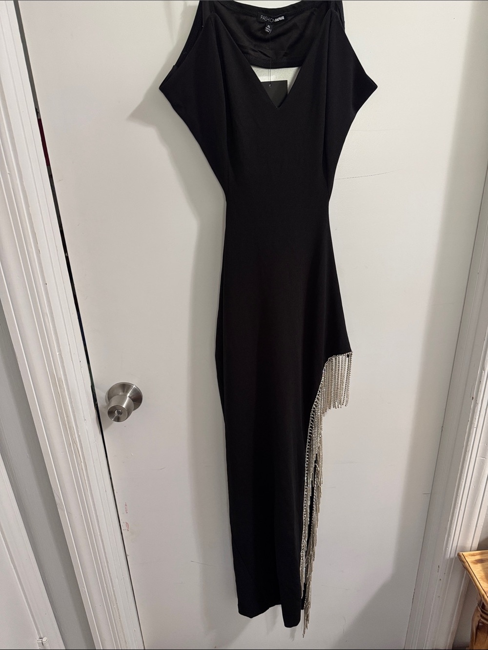 Fashion Nova Black Asymmetrical Dress with Silver Fringe NWT